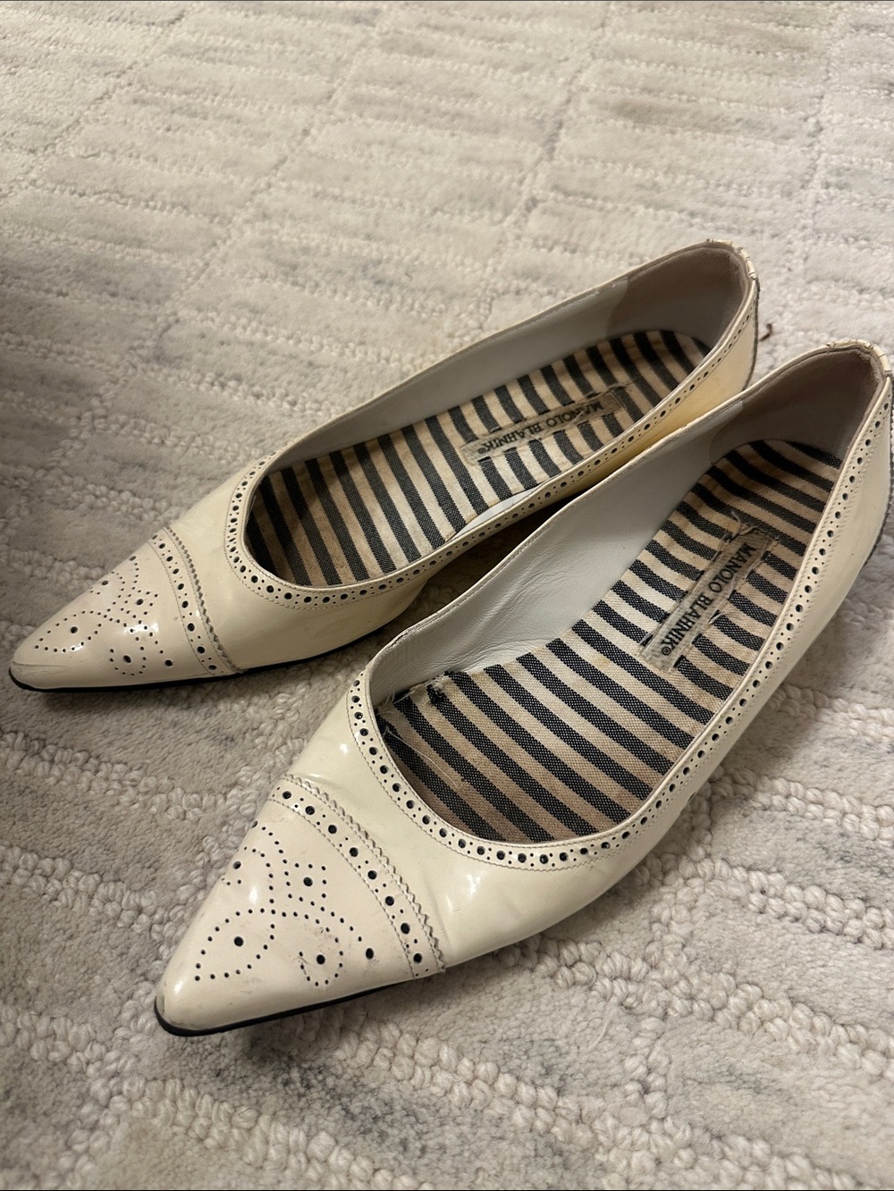 Manolo Blahnik Cream Pointed-Toe Perforated Ballet Flats